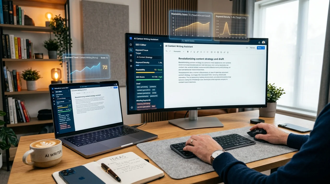 AI in SEO content writing assistant and modern editorial workspace with real-time optimization metrics