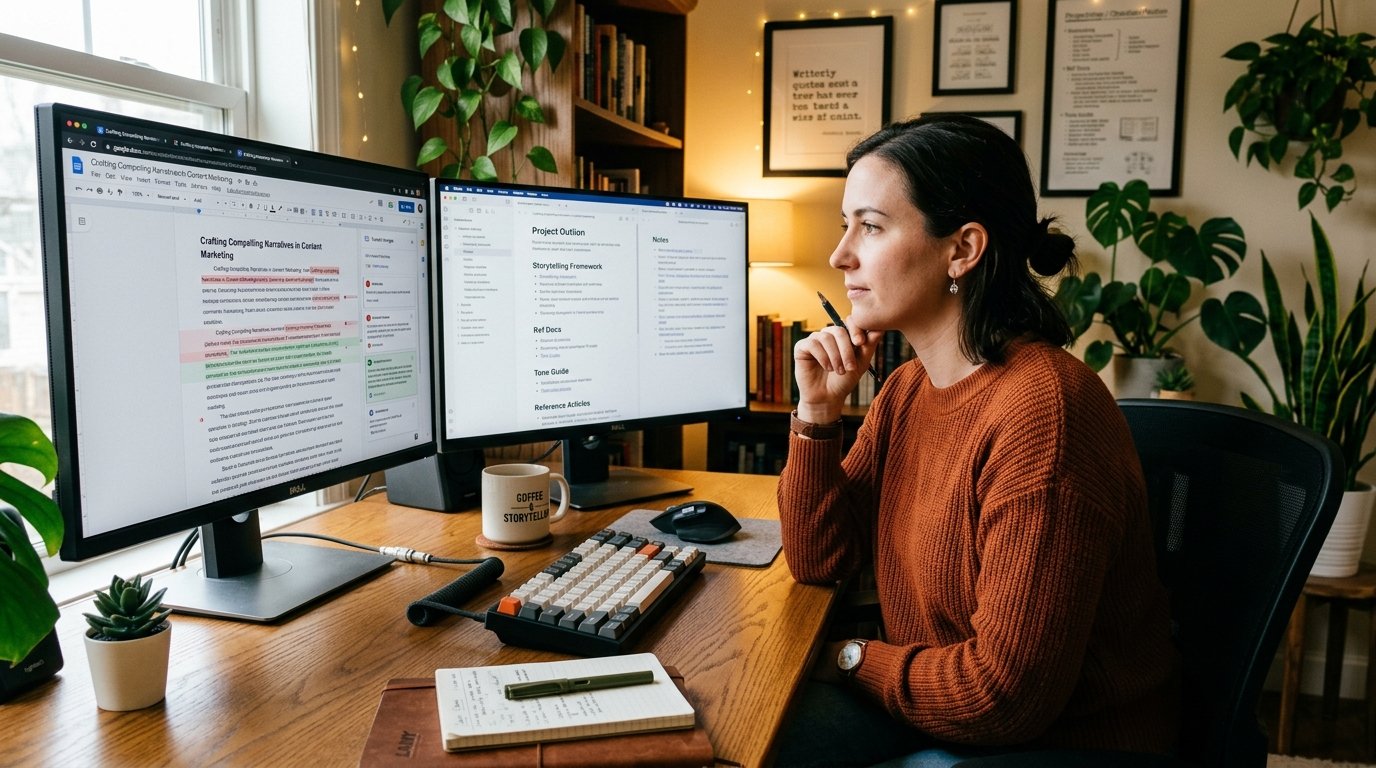 Creative writer refining and editing AI draft content for brand voice and authenticity