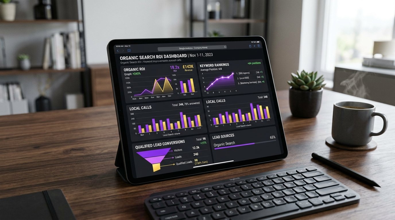 Organic search ROI metrics and keyword ranking reporting dashboard