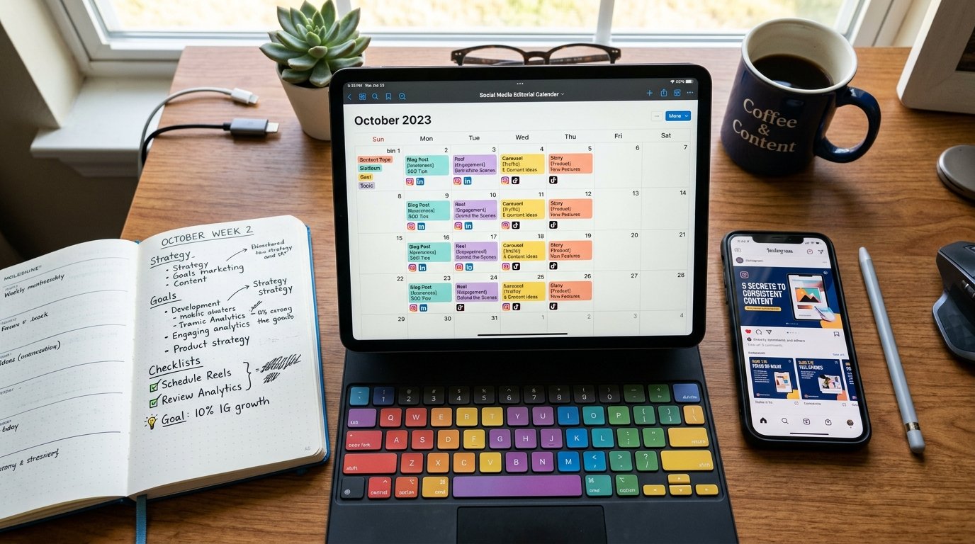 Social media editorial calendar matrix on tablet showing weekly scheduling and multi-platform post drafts