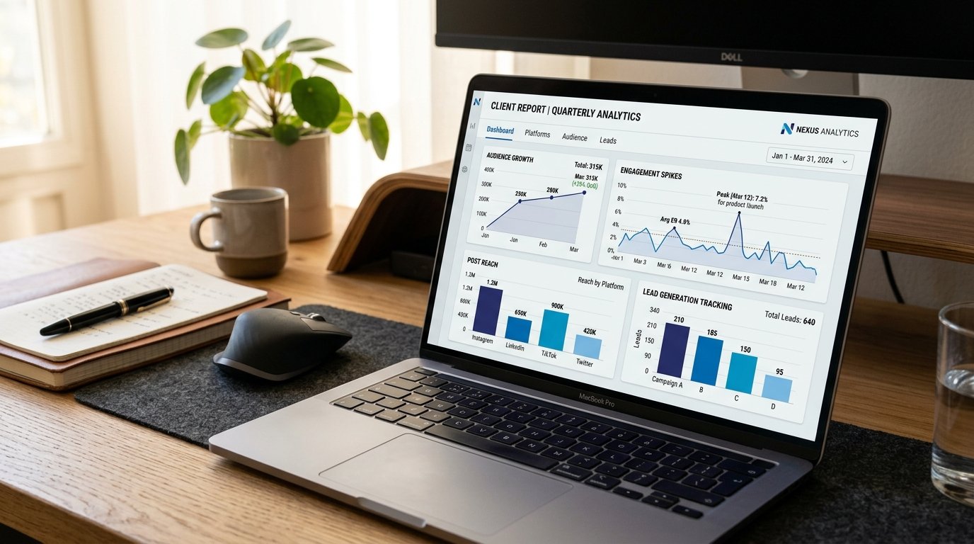 Social media growth metrics dashboard showing audience reach, engagement spikes, and lead generation tracking