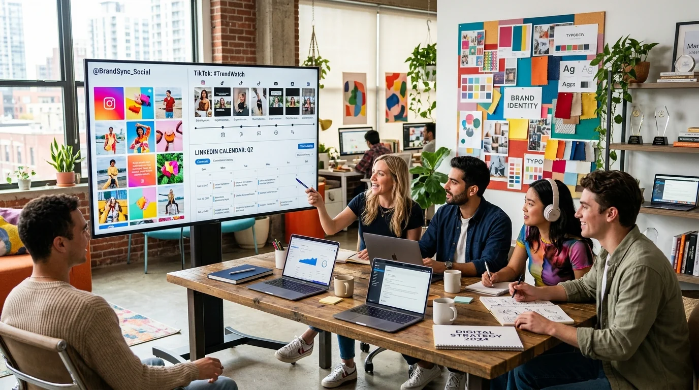 Best social media marketing agency near me team planning multi-channel campaigns on interactive displays