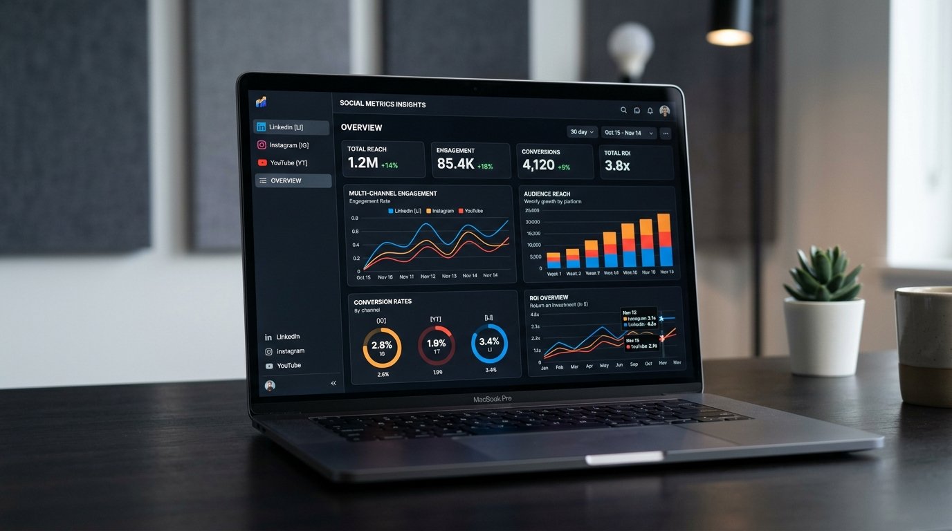 Multi-channel social media marketing analytics dashboard displaying engagement and lead conversion metrics