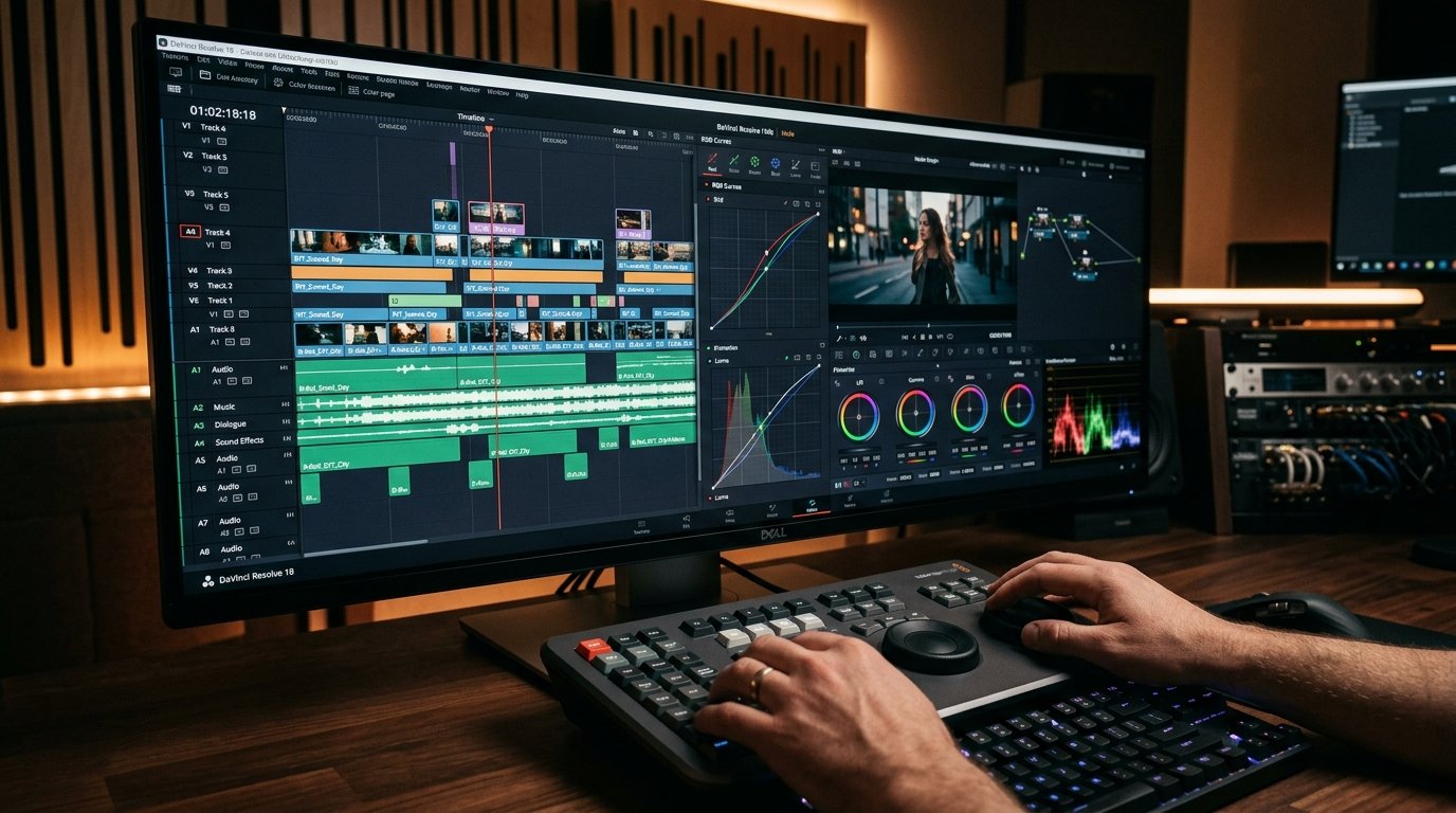 Professional video editing timeline in DaVinci Resolve showing audio waveform tracks and precise color grading curves