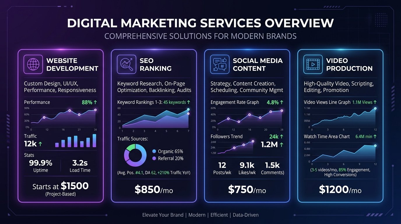 Digital marketing service pricing in Bangalore for website design, SEO, social media and video editing