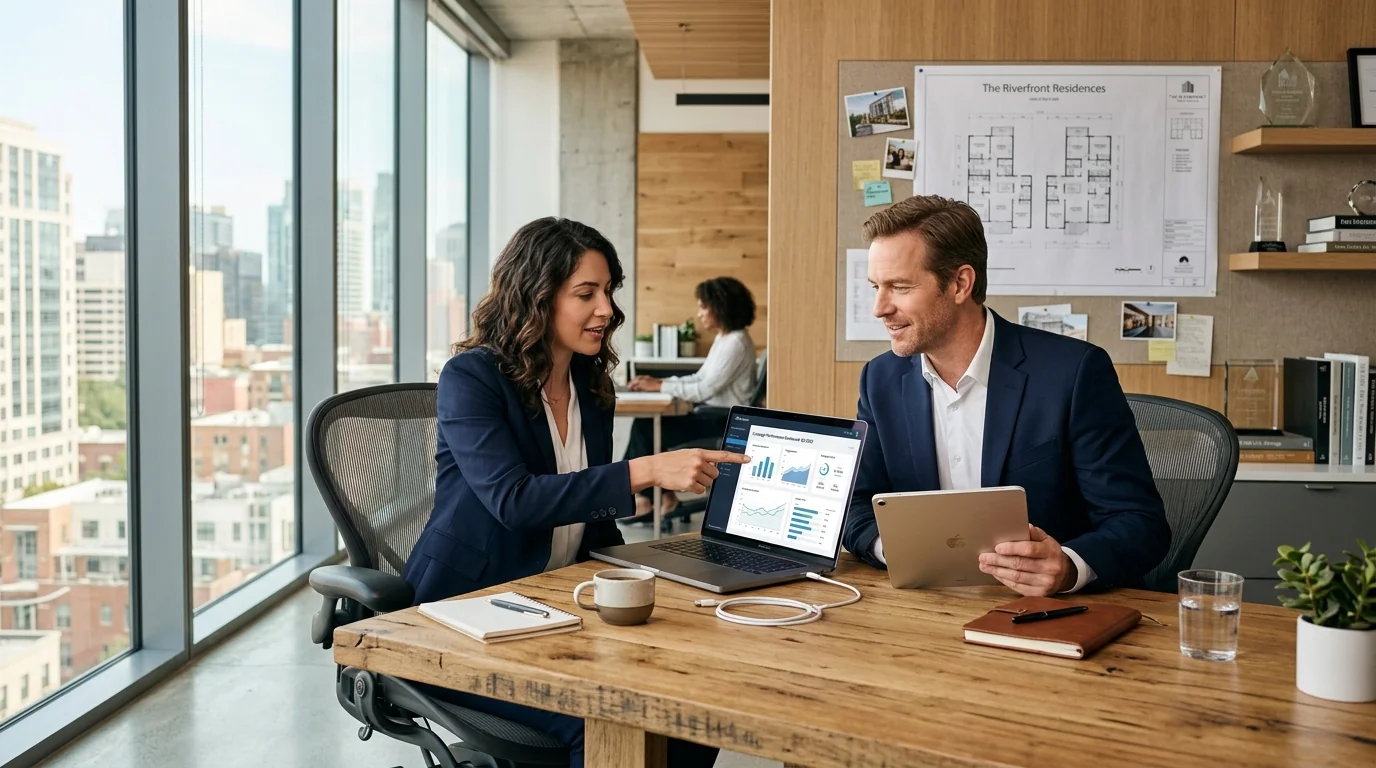 Real estate digital marketing experts reviewing property campaign performance and lead generation analytics