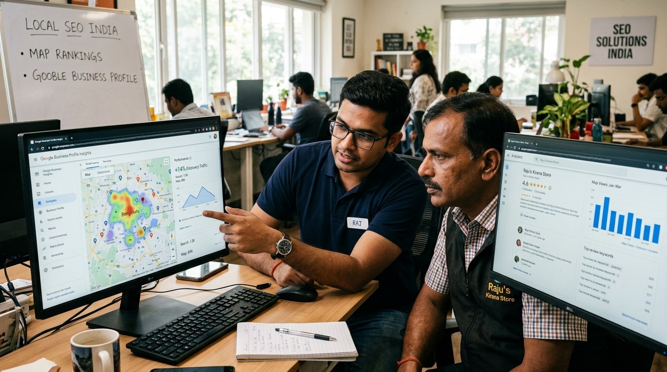 Digital marketer and local business owner in India reviewing local search map rankings and Google Business Profile performance