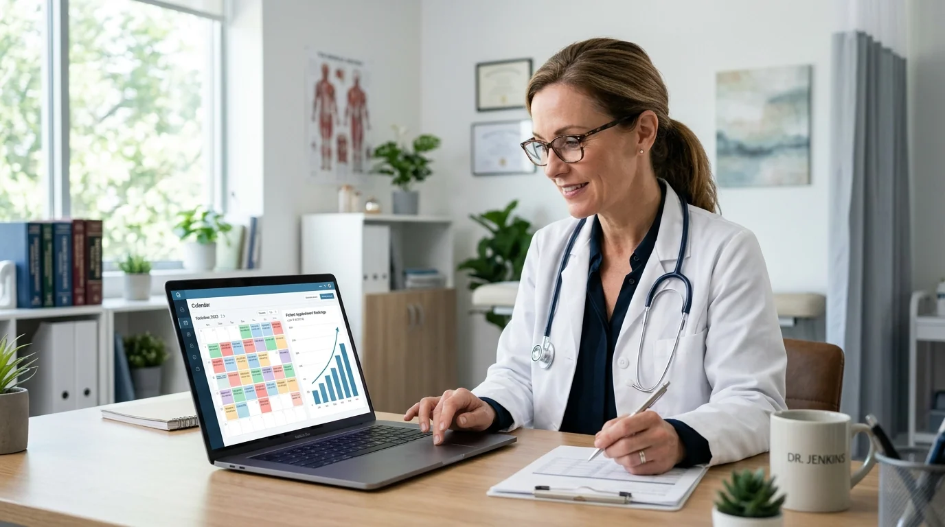 A doctor reviewing a successful healthcare website design showing an increase in patient appointments.