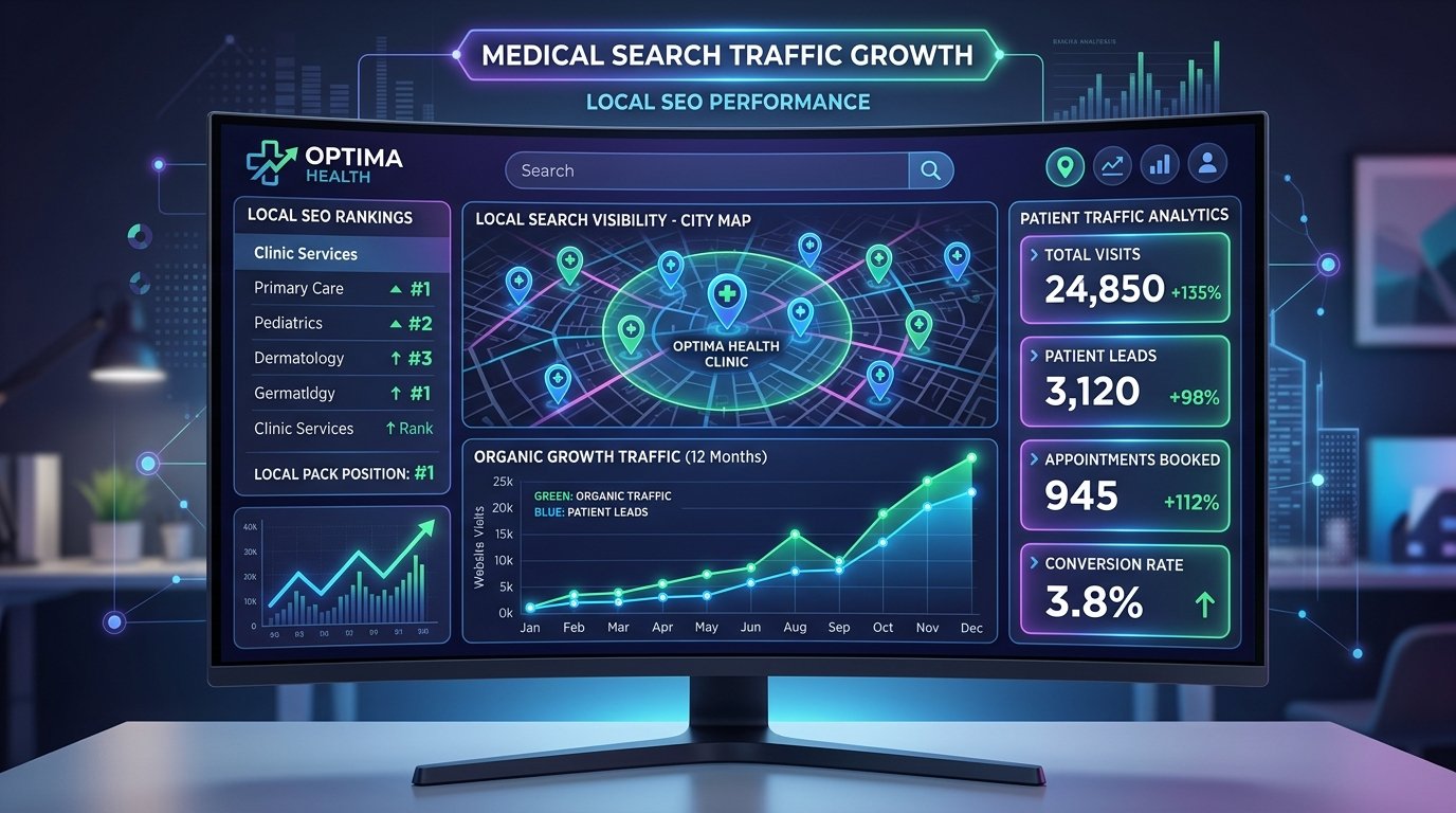 A graphic showing how local SEO integrated into healthcare website design increases clinic traffic.