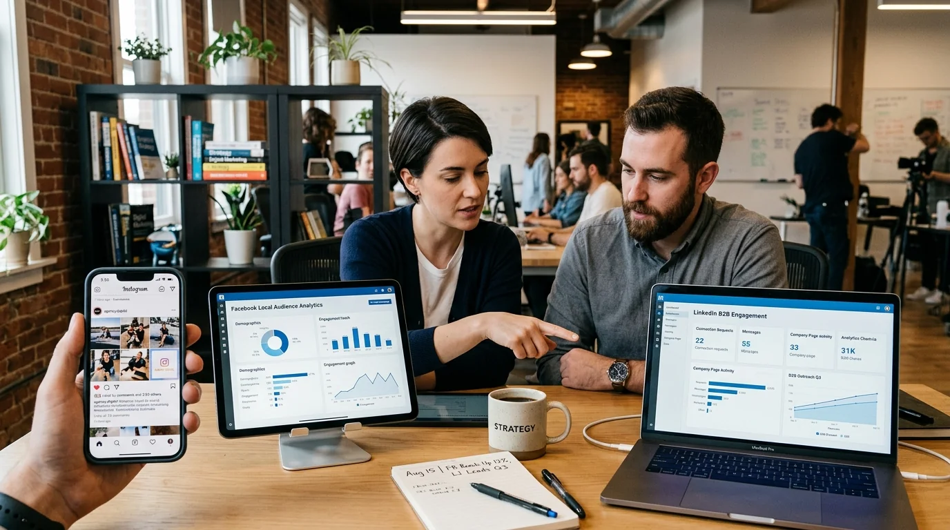 Digital marketing team reviewing Instagram, Facebook, and LinkedIn social media strategy dashboards on multiple devices