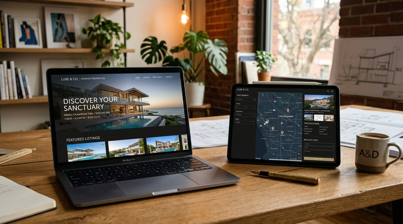 Real estate website design checklist showing mobile responsive property listings and search features
