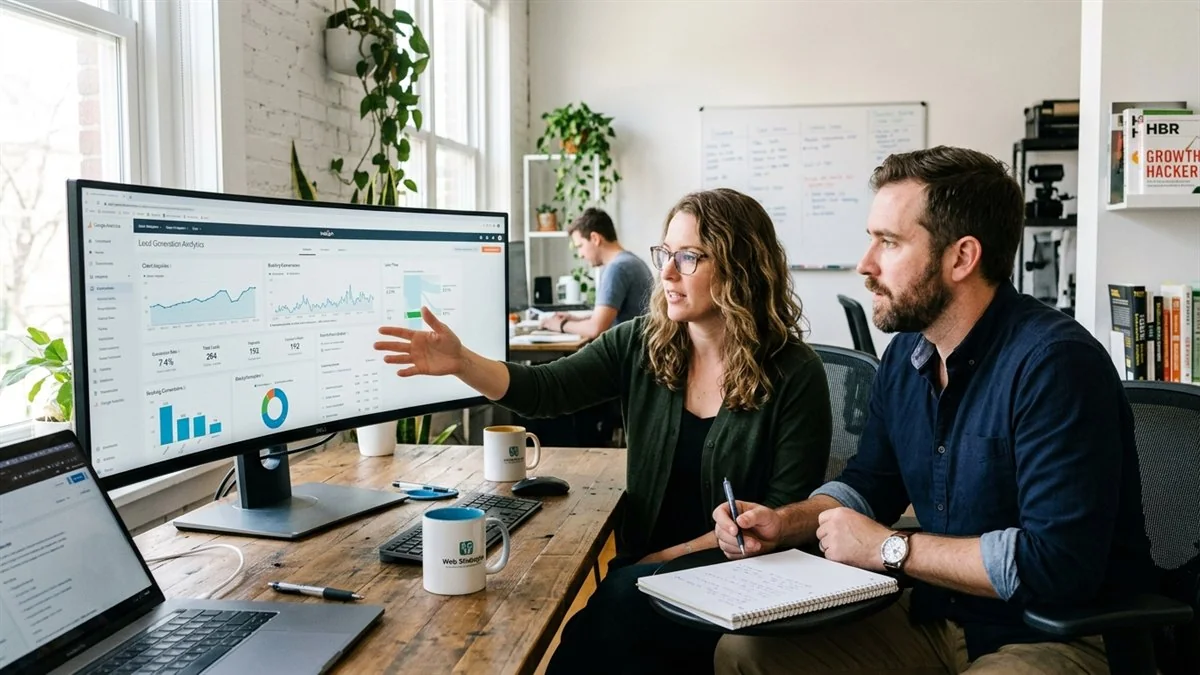 Digital marketing strategist and web designer analyzing conversion rate optimization analytics and website design performance
