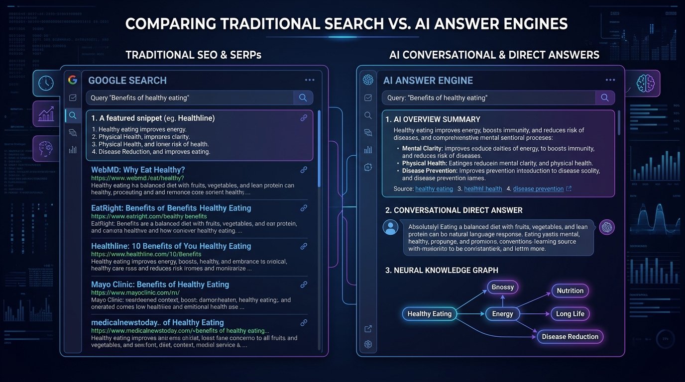 Infographic comparing traditional SEO keyword targeting versus AI search optimization contextual answers.