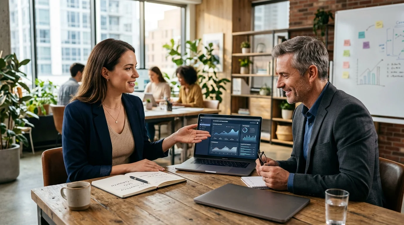 A digital marketer explaining what is AI search optimization to a client on a laptop.