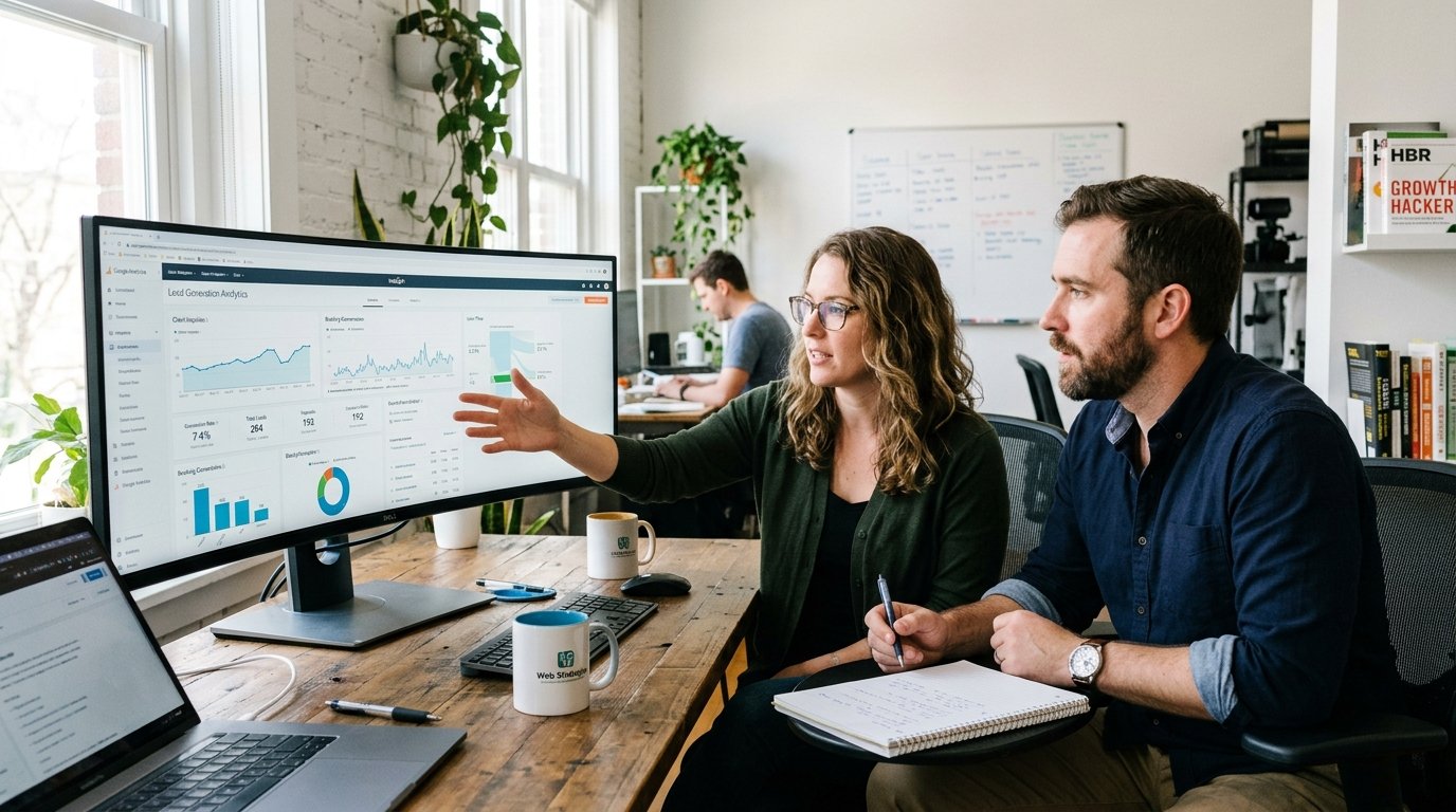 Web strategist and business manager reviewing incoming client inquiries and lead generation conversion analytics on ultrawide monitor