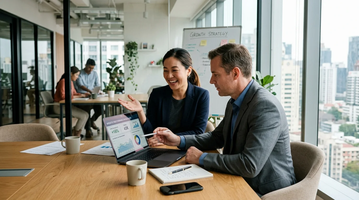 Business founder and marketing client reviewing business website performance and lead generation metrics on laptop in modern office
