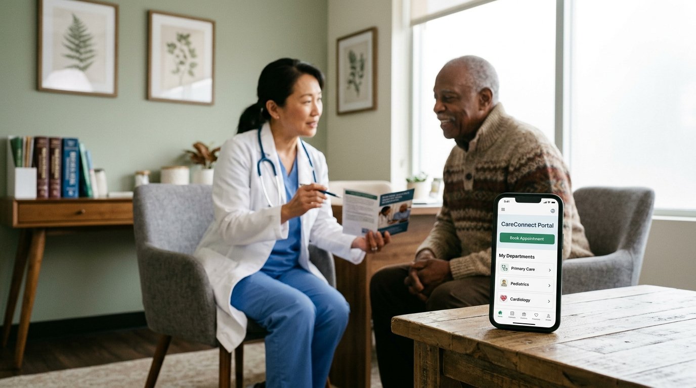 Doctor and patient in consultation room with smartphone displaying responsive patient portal and appointment booking